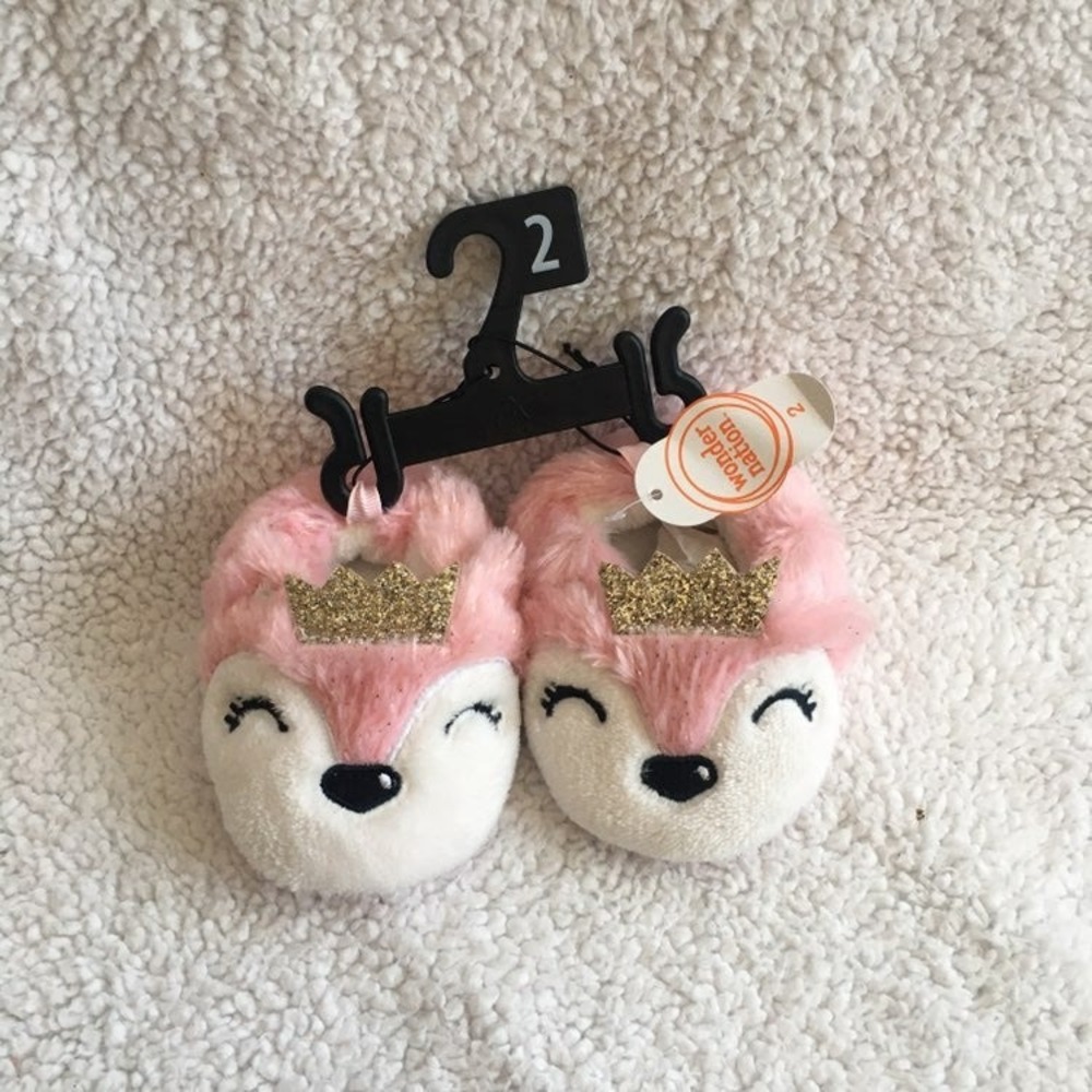 Wonder Nation Fox Slippers Baby Girls Size 4 Pink NEW Glitter Crown Faux Fur